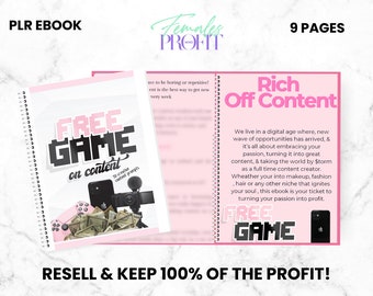 May include: A pink and white ebook cover with the title "Rich Off Content" and the text "Free Game on Content". The cover features a phone, a camera, and a video game controller. The ebook is about creating content and making money online.