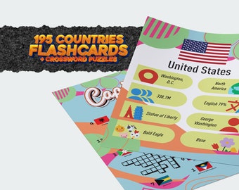 Country Flashcards. 195 Countries' Flags, Capitals, Landmarks, and More - Digital/Printable Country Flashcards & Crossword Puzzles