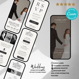 May include: Digital wedding invitation design with a couple holding hands. The design includes RSVP, details, and wedding itinerary sections. The invitation is interactive and easy to share, with a countdown timer and wedding registry.