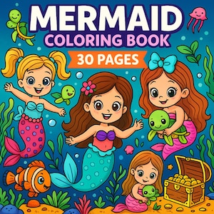 Mermaid Coloring Pages for Kids – 30 Printable Cute Mermaid Underwater Scenes | Fun Ocean Coloring Book for Girls | Instant Download PDF