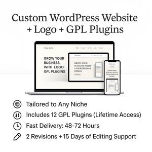 May include: A laptop, tablet, and smartphone display website design mockups. The text reads "Custom WordPress Website + Logo + GPL Plugins." Additional text includes "Tailored to Any Niche" and "Includes 12 GPL Plugins (Lifetime Access)."