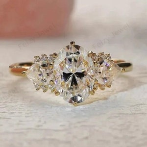 Anillo de compromiso de moissanita de corte ovalado de 2,0 quilates, anillo de bodas de oro macizo de 14 quilates, anillo de diamantes con racimo floral Art Deco, anillo de promesa único para mujeres