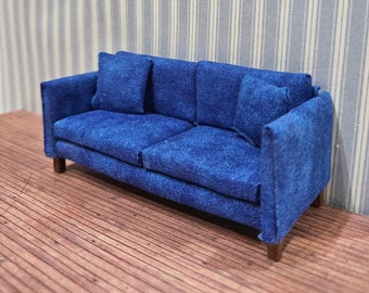 1:24 Half Scale Miniature Dollhouse Blue Modern Sofa & Pillows