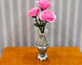 3 Miniature Dollhouse Pink Roses in Silver Vase