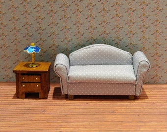 1:48 Quarter Scale Dollhouse Miniature Sofa Blue and White Polka Dot