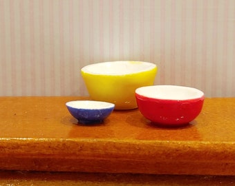 3 Dollhouse Miniature Mixing Bowls 1/12 Scale Primary Colors