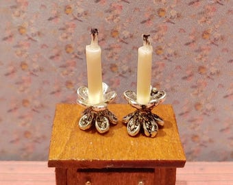 1:24 Half Scale Miniature Dollhouse Silver Candlesticks and Candles