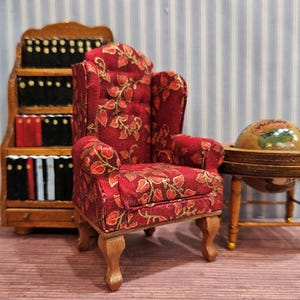 1:12 Scale Miniature Dollhouse Red & Gold Fabric Queen Anne Wingback Upholstered Chair