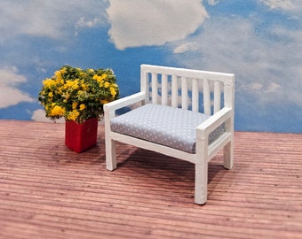 1:24 Half Scale Miniature Dollhouse Patio or Garden White Cushioned Bench