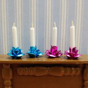 1:24 Half Scale Miniature Dollhouse Magenta or Blue Rose Candle Holders and Candles