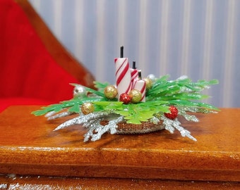 Miniature Dollhouse Christmas Holiday Candy Cane Candles Centerpiece