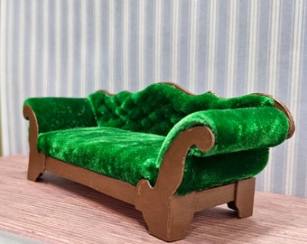 1:24 Half Scale Dollhouse Miniature Extra Long Green Velvet Victorian Sofa