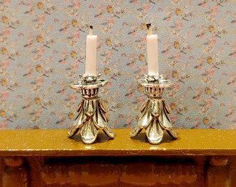 1:24 Half Scale Dollhouse Miniature Tall Silver Candlesticks