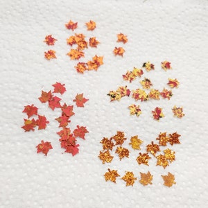 May include: A collection of small, flat maple leaf-shaped confetti pieces arranged in three distinct groups. One group features red and orange mottled leaves, another shows yellow and red speckled leaves, and the third consists of shimmering orange glitter leaves.