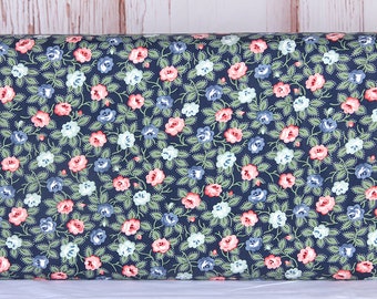 Moda, Sunnyside by Camile Roskelley, Blue Pink and Aqua Medium Flowers on Navy Background, 55281-12, 100% Quilting Cotton