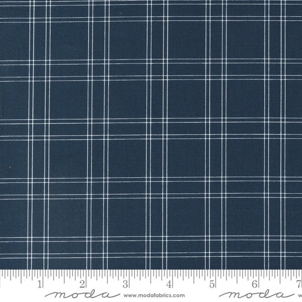 Moda Fabrics, Shoreline by Camille Roskelley, White Stripes Plaid on Navy Blue, 55302-14, 100% Quilting Cotton Fabric