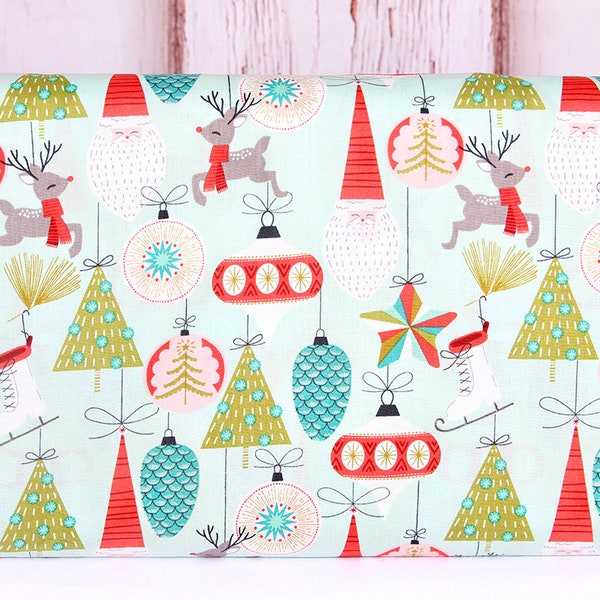 Free Spirit, Maude Asbury, FaLaLa, Bells and Baubles Aqua Holiday Christmas PWM015.XAQUA, 100% Quilting Cotton Fabric