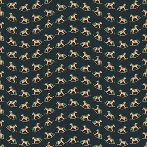 May include: A repeating pattern of vintage rocking horses on a dark blue background. The rocking horses are tan with green manes and tails, red saddles, and gold rockers. This design is suitable for children's products.