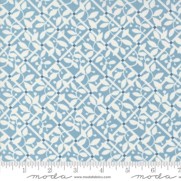 Moda Fabrics, Shoreline by Camille Roskelley, Off White Leaves on Medium Blue, 55303-12, 100% Quilting Cotton Fabric