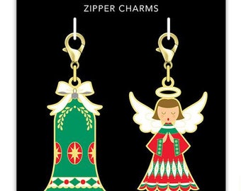 Sew Cute Zipper Charms by Cathe Holden, Jingle Bell and Angel Zipper Pull, Gold Enamel Charm with Lobster Clasp, Notion, CH131