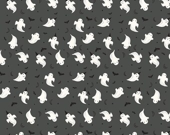 Riley Blake, Frank and Friends, Glow In The Dark Ghosts on Charcoal, GC17475, 100% Quilting Cotton Fabric
