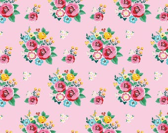 Riley Blake, La felicidad está hecha a mano por Lori Whitlock, Ramilletes florales rosas, C67270, 100 % algodón, Agotado