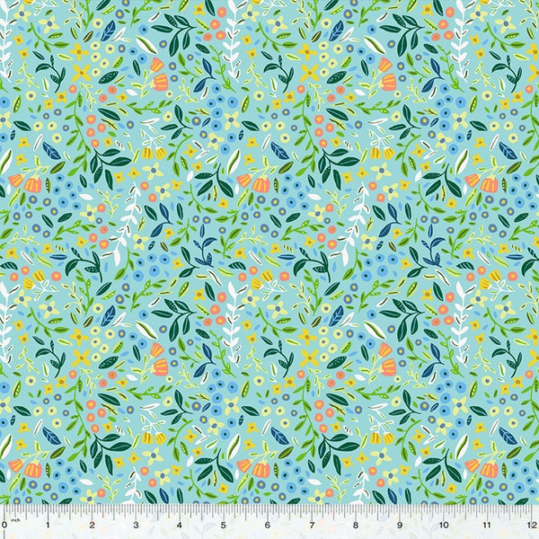 Windham Fabrics ABCs In Bloom, Blossoming Blooms, Flower Toss on Aqua, 53689-7, 100% Cotton Fabric