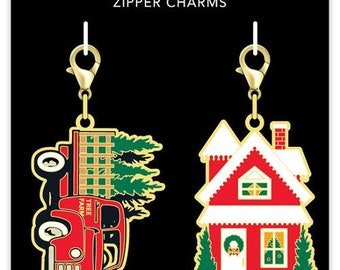 Sew Cute Zipper Charms by Cathe Holden, Christmas Truck and Winter House Zipper Pull, Gold Enamel Charm with Lobster Clasp, Notion, CH128