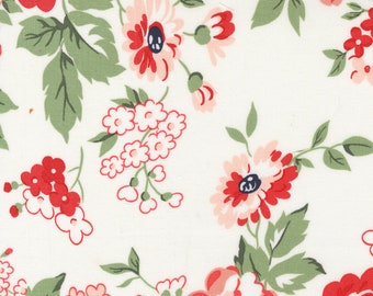 Moda Fabrics, Dwell, by Camille Roskelley, Cottage, Large Red and Pink Florals on White, 55270-31, 100% Quilting Cotton Fabric