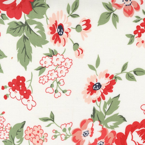 Moda Fabrics, Dwell, by Camille Roskelley, Cottage, Large Red and Pink Florals on White, 55270-31, 100% Quilting Cotton Fabric