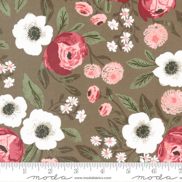 Moda, Lovestruck by Lella Boutique, Large Pink and White Florals on Brown, 5190-16, 100% Quilting Cotton