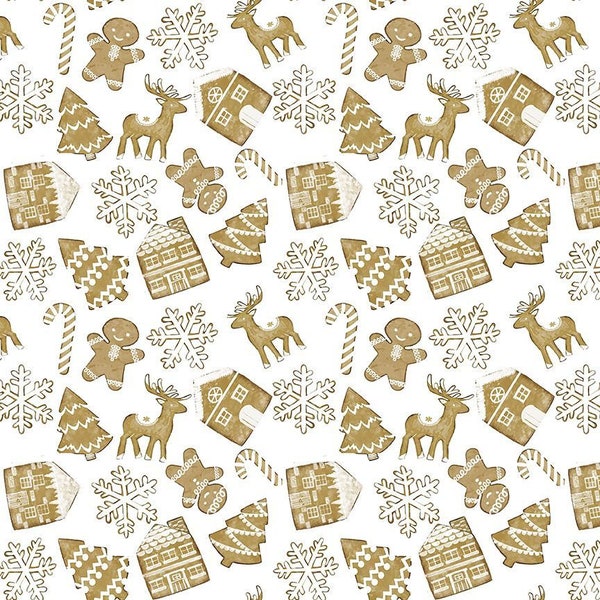 Dear Stella Fabrics, Best in Snow, Gingerbread, DCJ2492 White, 100% Quilting Cotton Fabric