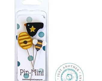 Just Another Button Company, Bee Town Pin Mini, JPM548, Handmade Decorative Pins, 3 Pins featuring a Bee, Beehive and a Crow