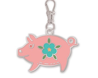 Happy Charms by Lori Holt of Bee In My Bonnet, Piggy Zipper Pull, Silver Enamel Charm with Lobster Clasp, Notion, ST-34014