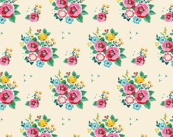 Riley Blake, La felicidad está hecha a mano por Lori Whitlock, Ramilletes florales color crema, C67270, 100 % algodón, Agotado