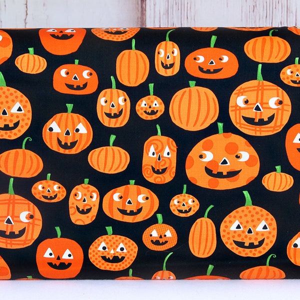 Moda Fabrics, Too Cute To Spook by Me and My Sister Designs, Cute Pumpkins Smiling Black, 22420-11, 100% Quilting Cotton Fabric