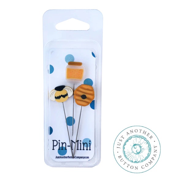 Just Another Button Company, Bee Sweet Pin Mini, JPM486, Handmade Decorative Pins, 3 Pins featuring a Bee, Beehive and Honey Jar