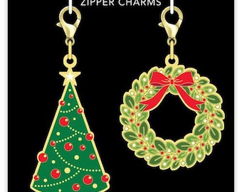 Sew Cute Zipper Charms by Cathe Holden, Christmas Tree and Wreath Zipper Pull, Gold Enamel Charm with Lobster Clasp, Notion, CH126