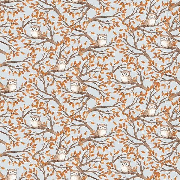 Dear Stella, Forest Dreams, Hoot Owls in Trees, Stella-DNS2510 Mist, 100% Quilting Cotton Fabric