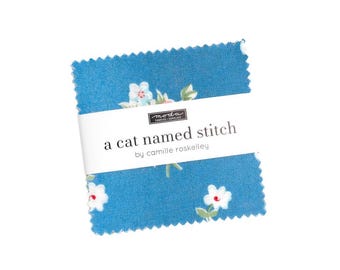 Moda Fabrics, A Cat Named Stitch by Camille Roskelley, Mini Charm 2.5 Inch Stack Precut Fabric Squares, 100% Quilting Cotton