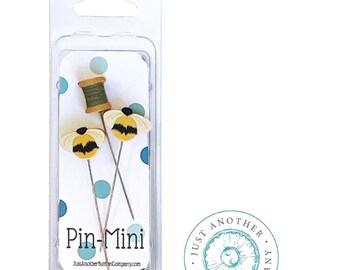 Just Another Button Company, Bee Stitching Pin Mini, JPM551, Handmade Decorative Pins, 3 Pins featuring a Two Bees and TThread Spool