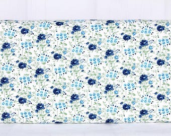 Moda Fabrics, Blueprint by Camille Roskelley, Medium Blue Flowers on Green Vines on White, 55333-11, 100% Quilting Cotton Fabric