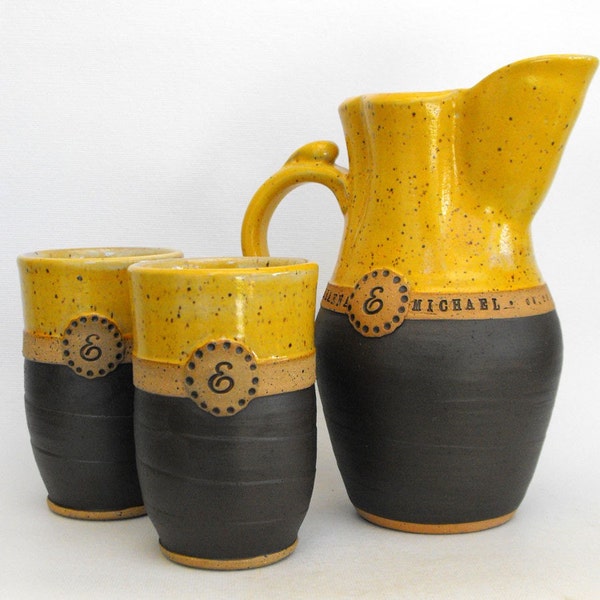 Personalized Pottery Pitcher Set, 3-Piece,  Anniversary or Wedding Gift by Mudpie Studio NC