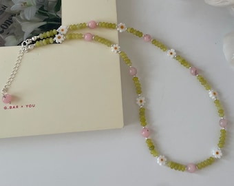 Collar de jade limón margarita, plata de ley 925, collar con cuentas de ópalo rosa, collar de flores delicadas, collar de perlas de girasol, regalo para ella