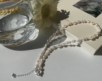 Gänseblümchen Perlenkette, Sterling Silber 925, Choker, Perlenkette, weißes Gänseblümchen, Geburtstagsgeschenk für Freundin, Geschenk für Mutter, für Frau