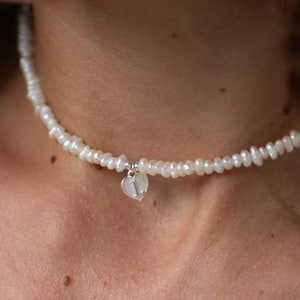 Collar de perlas naturales de agua dulce, colgante de corazón de plata esterlina 925, delicada gargantilla de perlas, joyería personalizada, regalo de aniversario