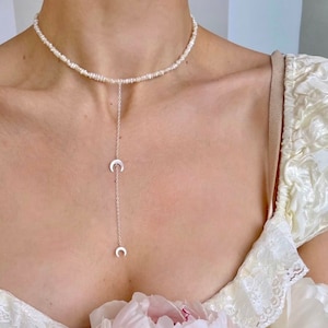 Sterling Silver Crescent Moon Pearl Choker: Dainty Drop Necklace
