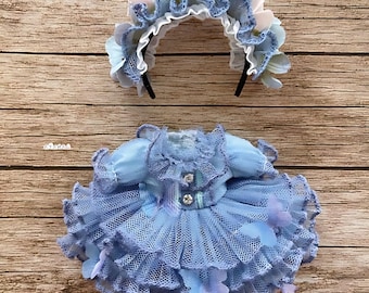 Handmade Nendoroid Obitsu 11 ob11 clothes Fashion Blue Butterfly Dress, 2 Piece Set