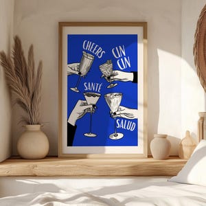 Handgetekende Cheers Cin Cin Santé Salud Art Print, internationale roosteren muurkunst voor bar decor, feestelijk cadeau, liefhebbers van drankjes