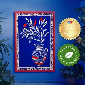 Impresión digital de jarrón floral mediterráneo, póster de arte popular rojo y azul, ilustración de maceta de cerámica llamativa, arte mural de estilo isleño griego.